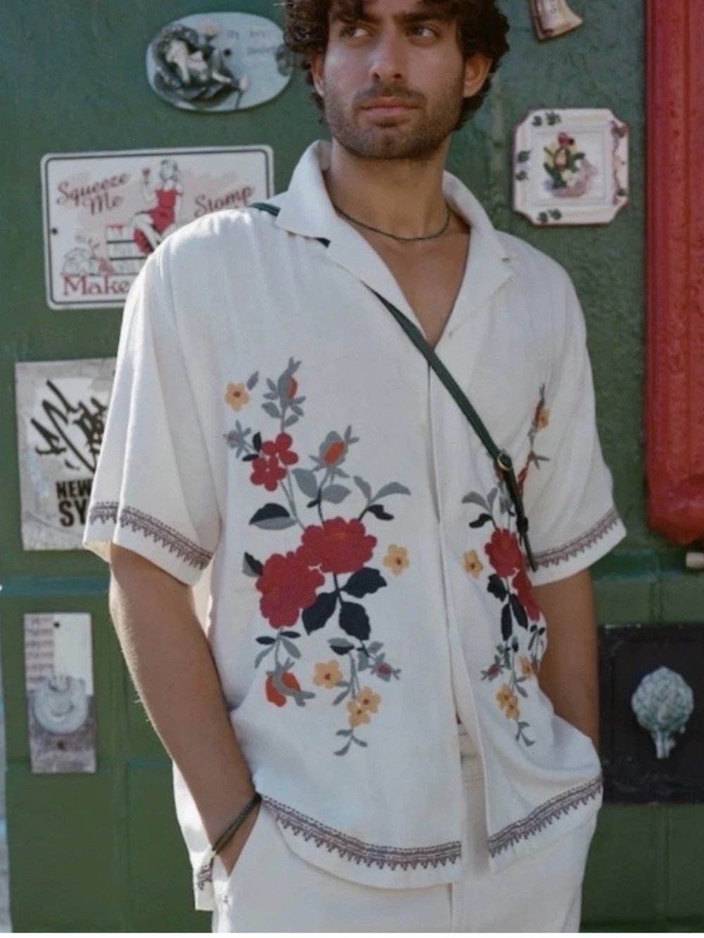 Abercrombie & Fitch Shirt Camp Collared Linen Blend Embroidered Floral Mens Lar